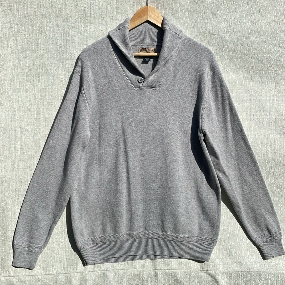 British Khaki Mens Shawl Collar 100% Cotton Gray Long Sleeve Sweater Size XL